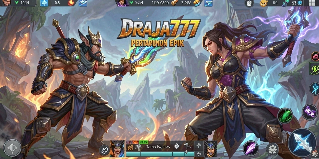 Tangkapan layar DRAJA777 menampilkan pertarungan epik antara karakter di arena.