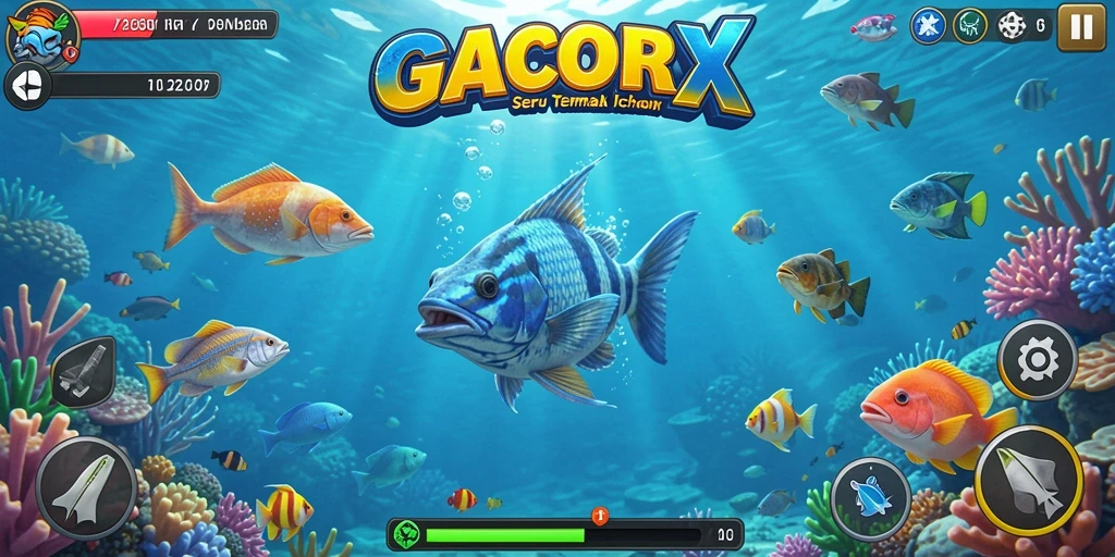 Tampilan gameplay GACORX dengan ikan yang berwarna-warni.