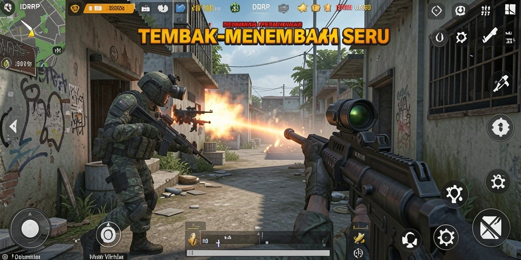 Tangkapan layar dari gameplay seru dalam IDRRP, aksi tembak-menembak mendebarkan.