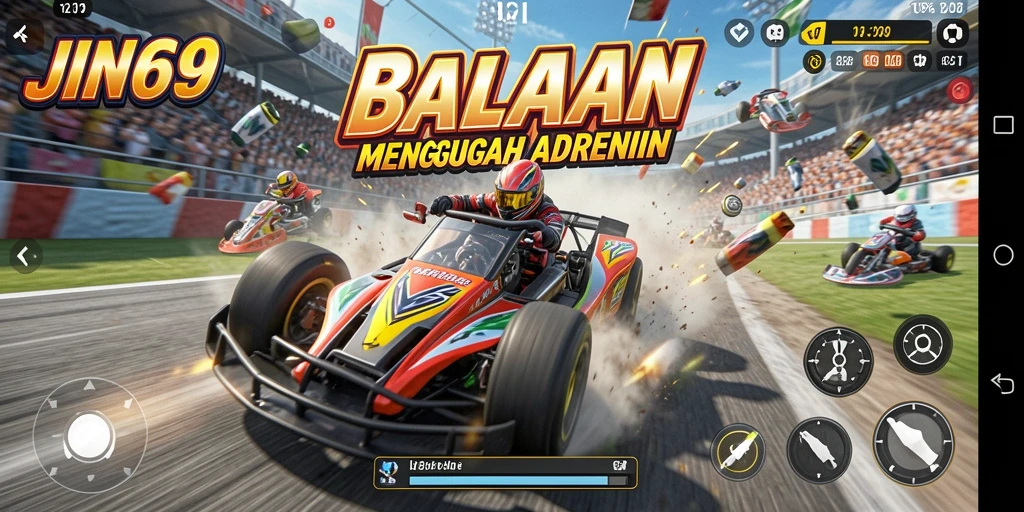 Screenshot gameplay JIN69 menampilkan balapan mendebarkan di lintasan kota modern.
