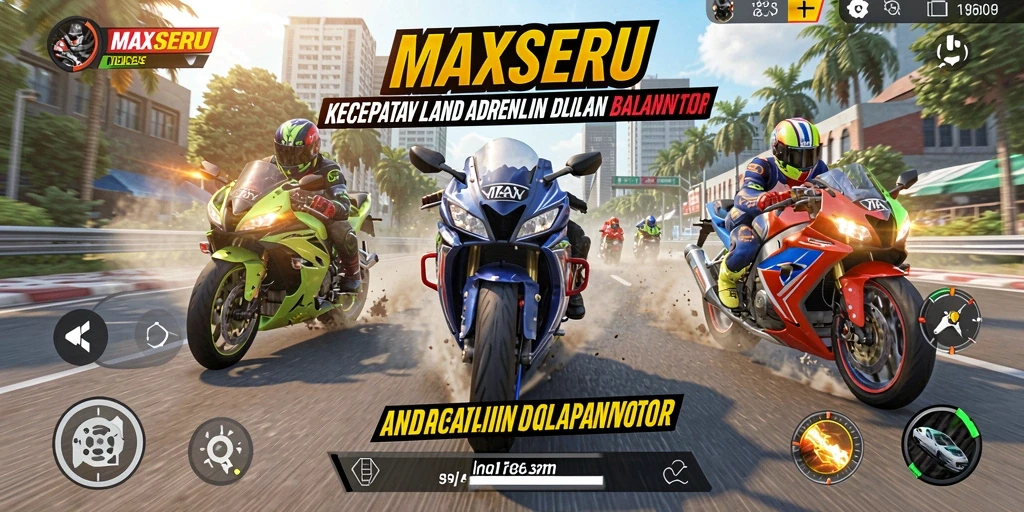 Tampilan gameplay seru dalam balapan motor MAXSERU.